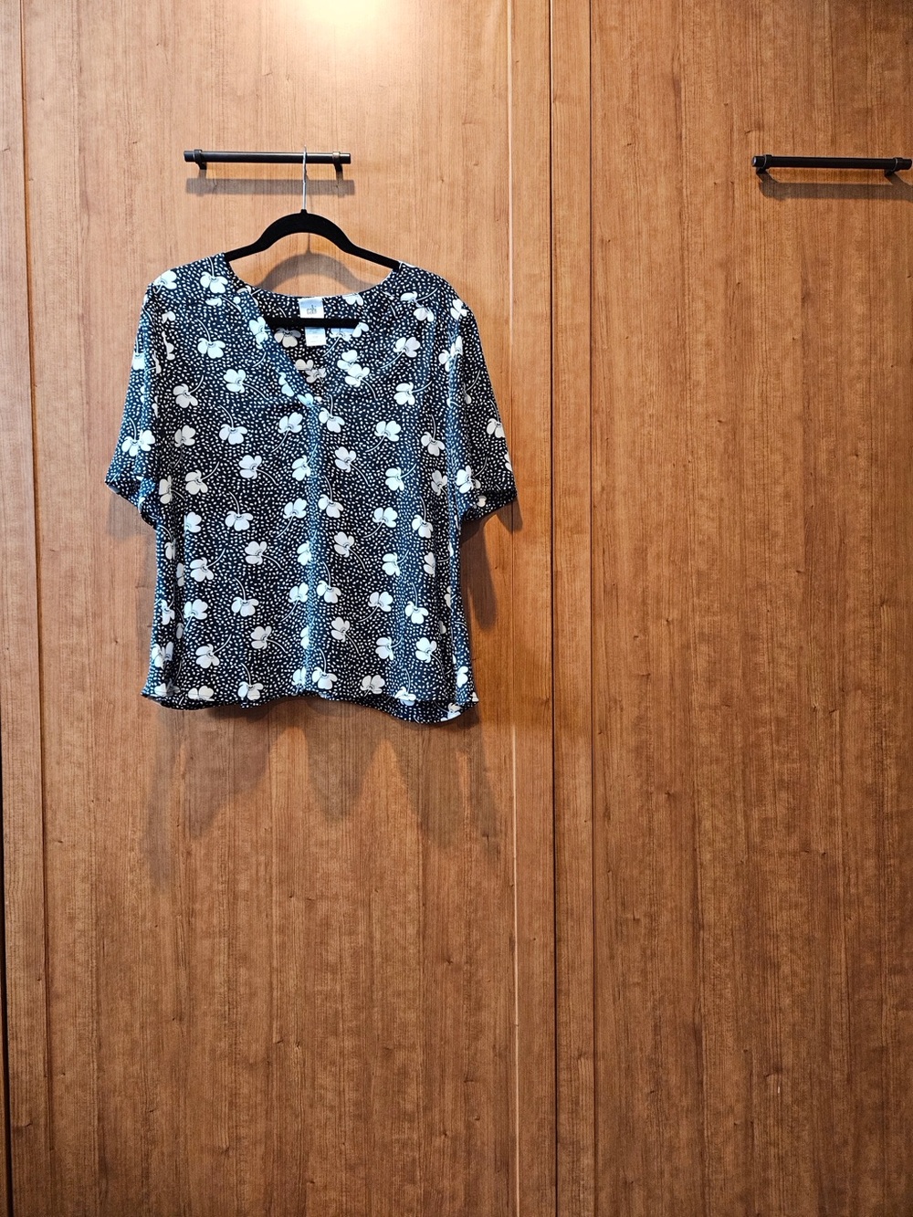 CAbi Black and White Floral V-Neck Blouse